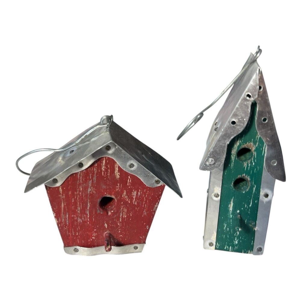 2 Rustic Birdhouse Ornaments Wood Hammered Tin Roof Handmade 3.5 and 4.5"